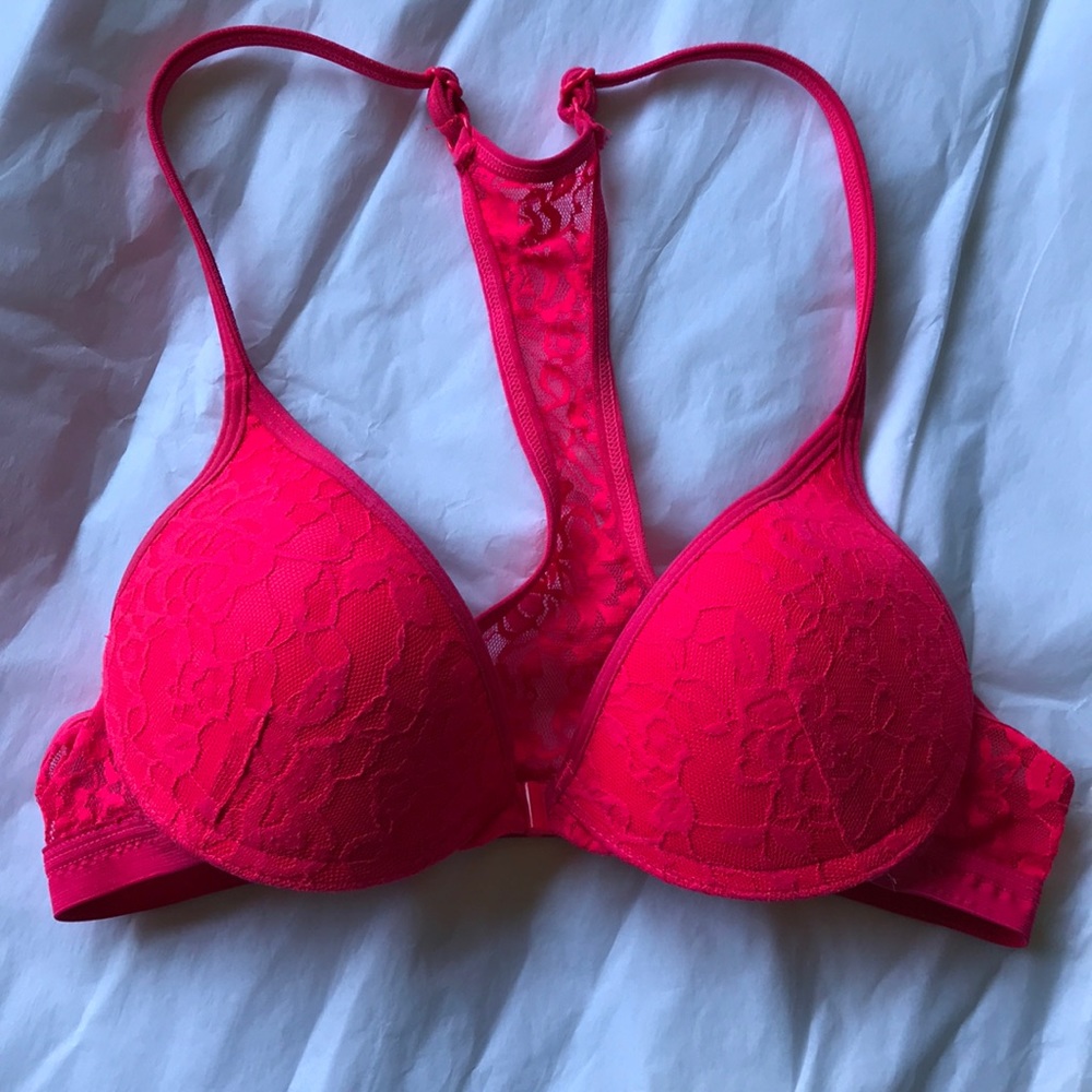 Hot pink front clasp bra. 34A